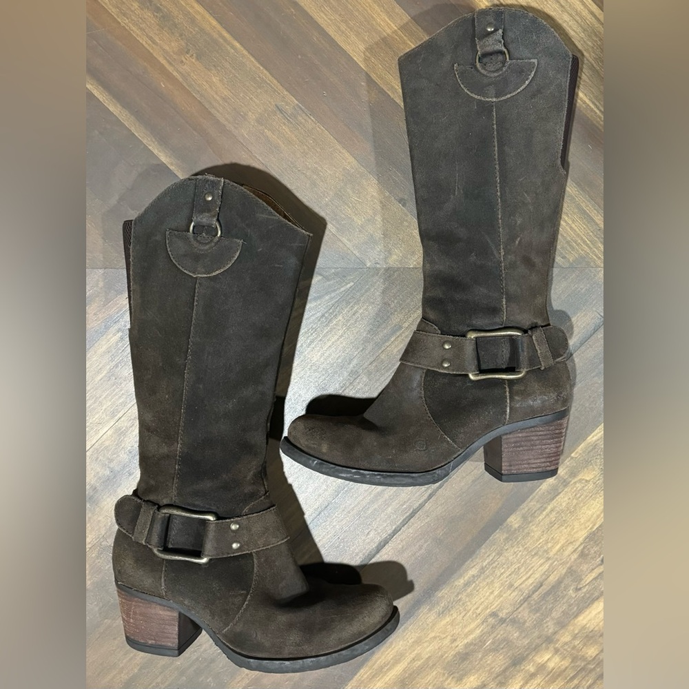 Born Brown Sueded Leather Heeled Boots with Buckle - Picture 7 of 16